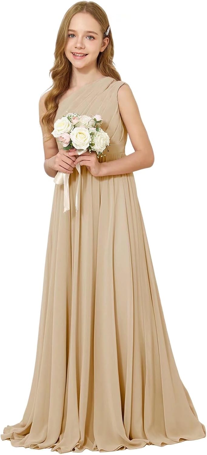 JISISANG One Shoulder Flower Girl Wedding Junior Bridesmaid Chiffon Dresses A Line Sleeveless Princess Dress