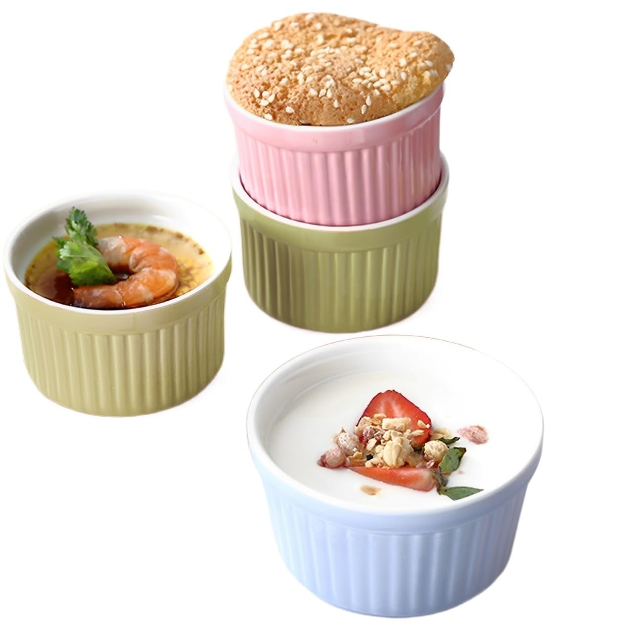Ramequins en Porcelaine Blanche Lot de 4 ramequins en céramique avec Plateau de 113,4 g, Petits Bols de Cuisson empilables for crème brûlée, moules à pâtisserie Polyvalents