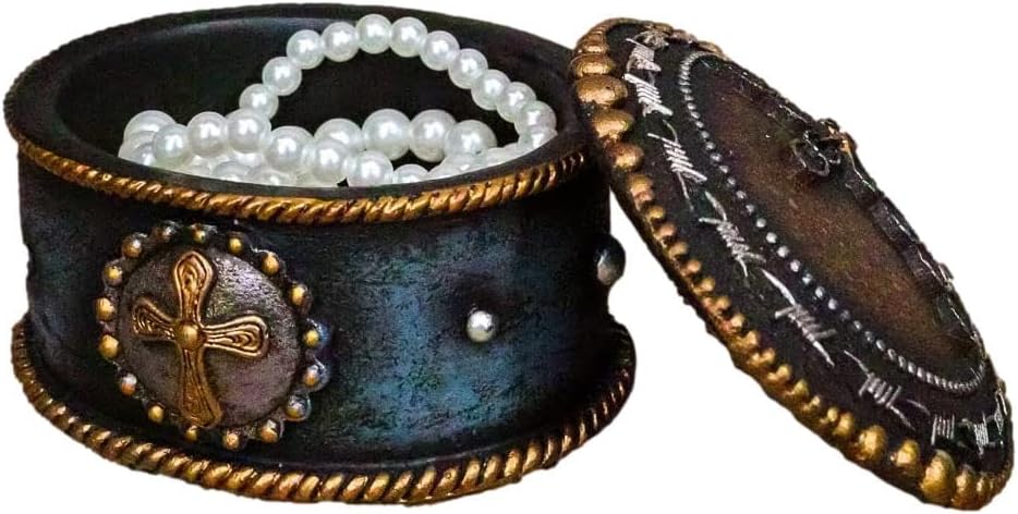 Ebros Gift Rustic Western Cowboy Cowgirl Horseshoes Cross Golden Ropes And Twisted Barbed Wires Decorative Jewelry Trinket Box Figurine