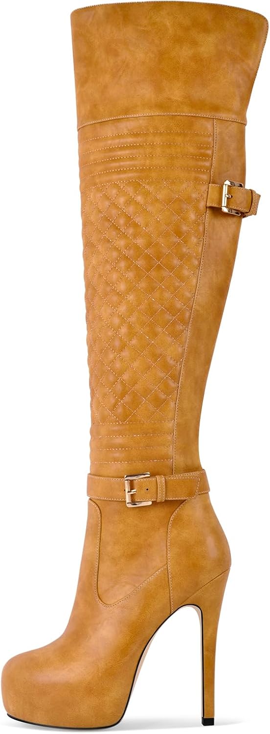 Women's Platform Round Toe Over the Knee High Boots Zip Up Stilettos High Heels