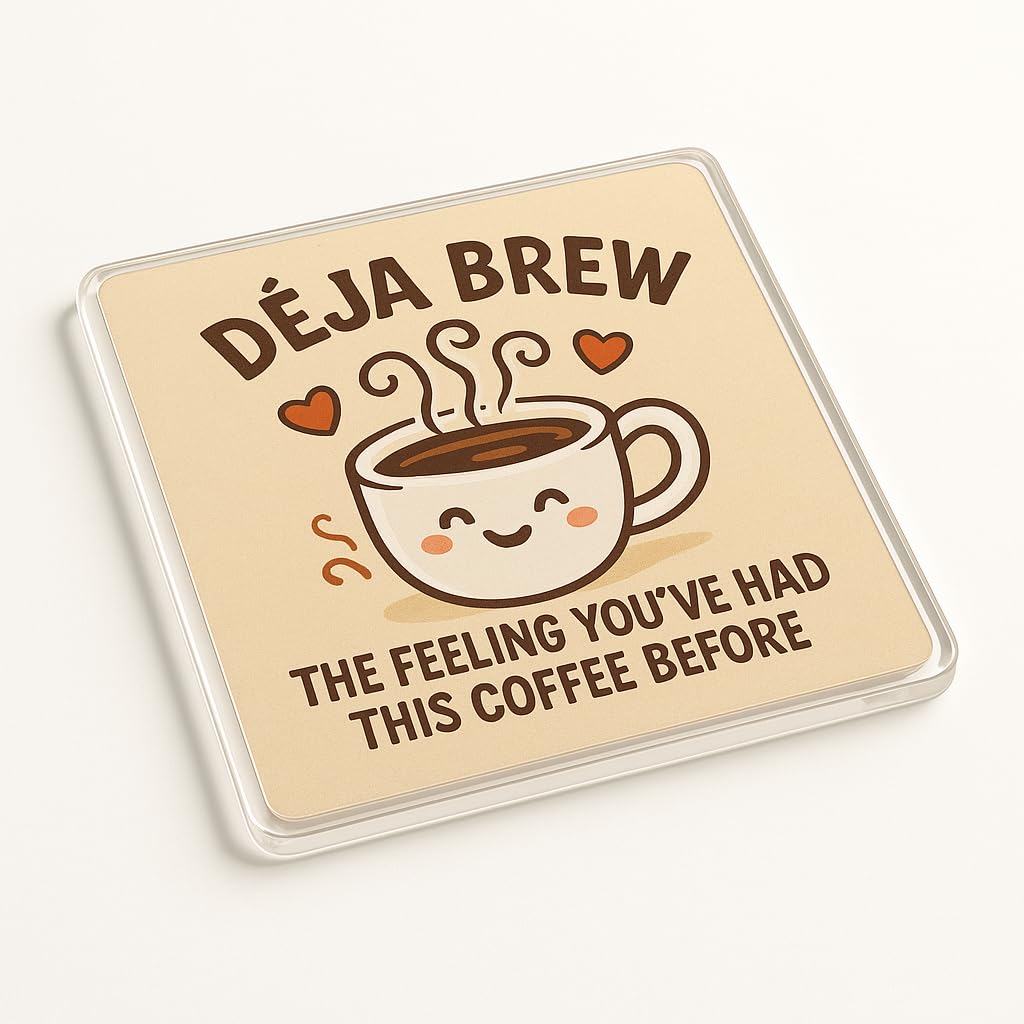 The Plum Penguin Cozy Brew Charm Funny Acrylic Coaster Gift - Cartoon Design With Coffee Pun For Unique Novelty Present