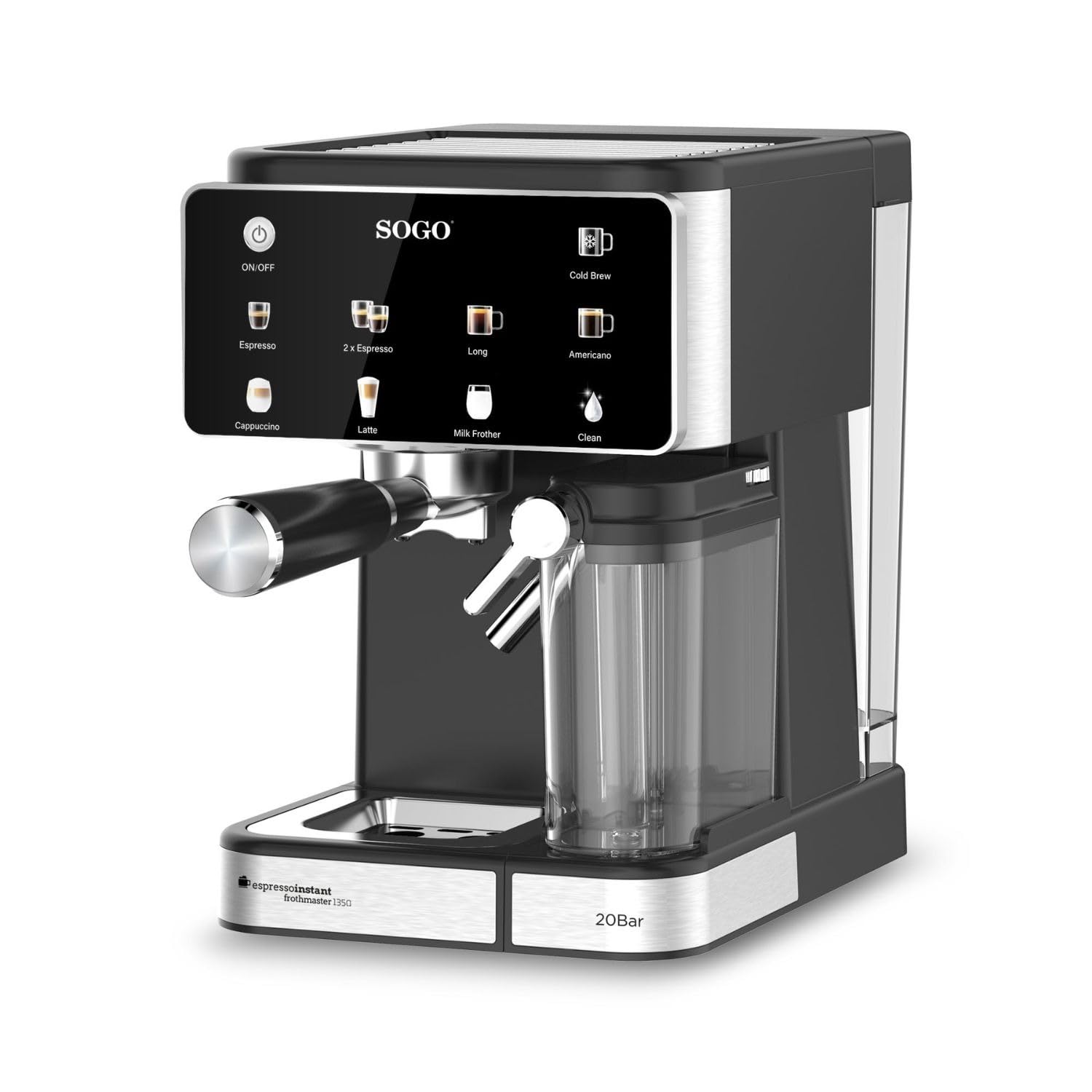 SOGO Cafetera Espresso 4 en 1 con Espumador de Leche y Panel Táctil – 20 Bar, Compatible Nespresso® y Café Molido, Depósito 1.5 L, 1350 W, Negro