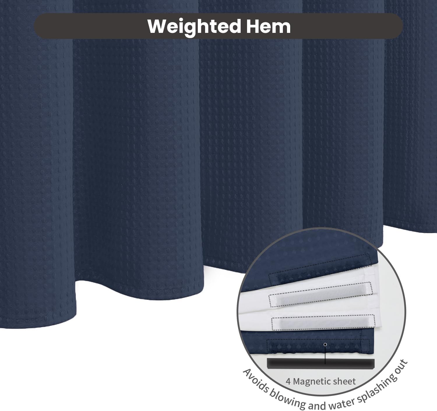 Inhousolu No Hook Waffle Weave Shower Curtain with Removable Snap in Fabric Liner Set for Bathroom, 230 GSM Heavy Duty Weighted Hem, Water Repellent Washable Bath Curtains, 72 x 72 Inch, Navy Blue