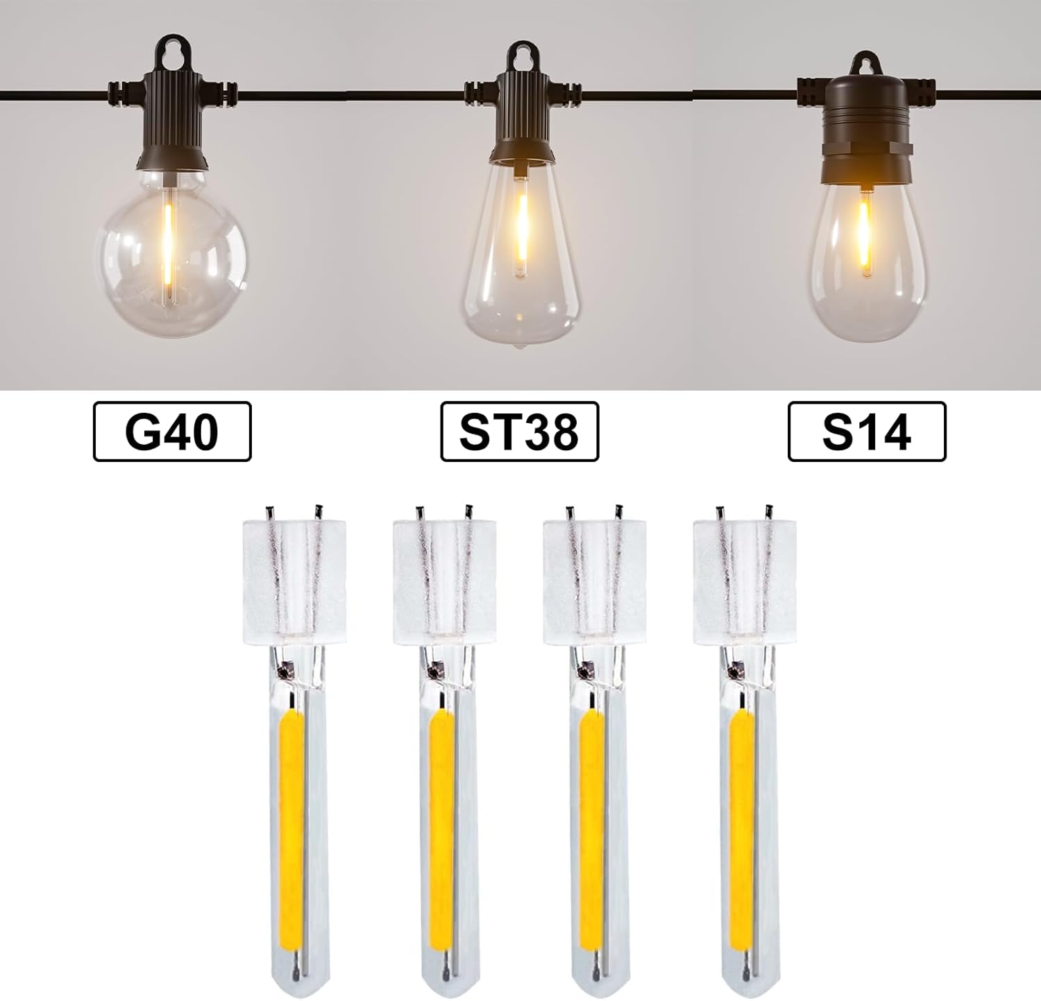4 Pcs LED Edison Bulb Filament, 1W Bulb Replacement Spare Plug in 2700K Warm White for Outdoor String Lights, S14, ST38, G40