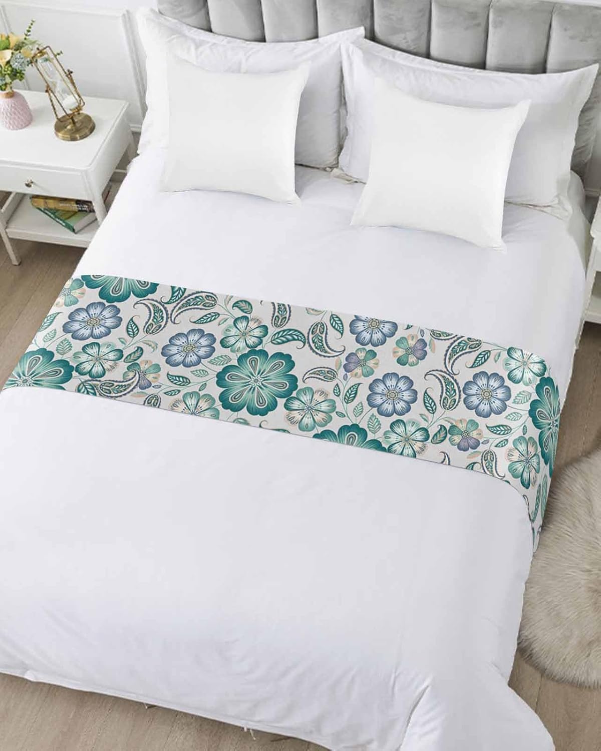 Teal Paisley Pattern Bed Runner Scarf Twin Size, Boho Ethnic Floral Traditional Luxury Bed Throw Runners & Scarves for Twin Full Queen King Foot of Bed, Bedroom Hotel Wedding Room Decoration, 71"x20"
