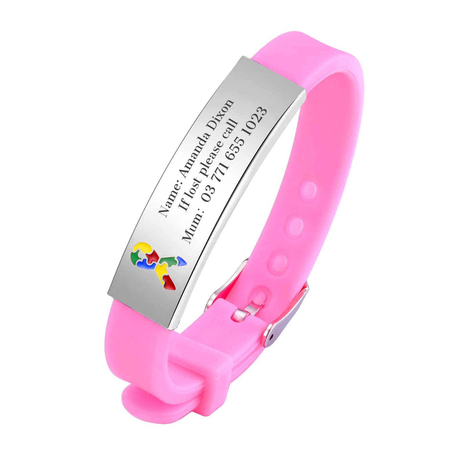 Personalised Child Safety ID Wristband - Engraved Name Contact Number Emergency Medical Bracelet for Autism Kids, Customised Anti Lost ID Wristband for Children Boys Girls, Waterproof Adjustable