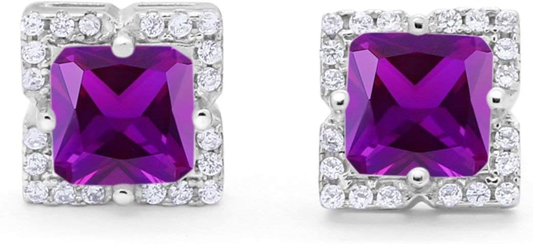 Halo Princess Cut Wedding Engagement Bridal Stud Earrings Round Cubic Zirconia 925 Sterling Silver