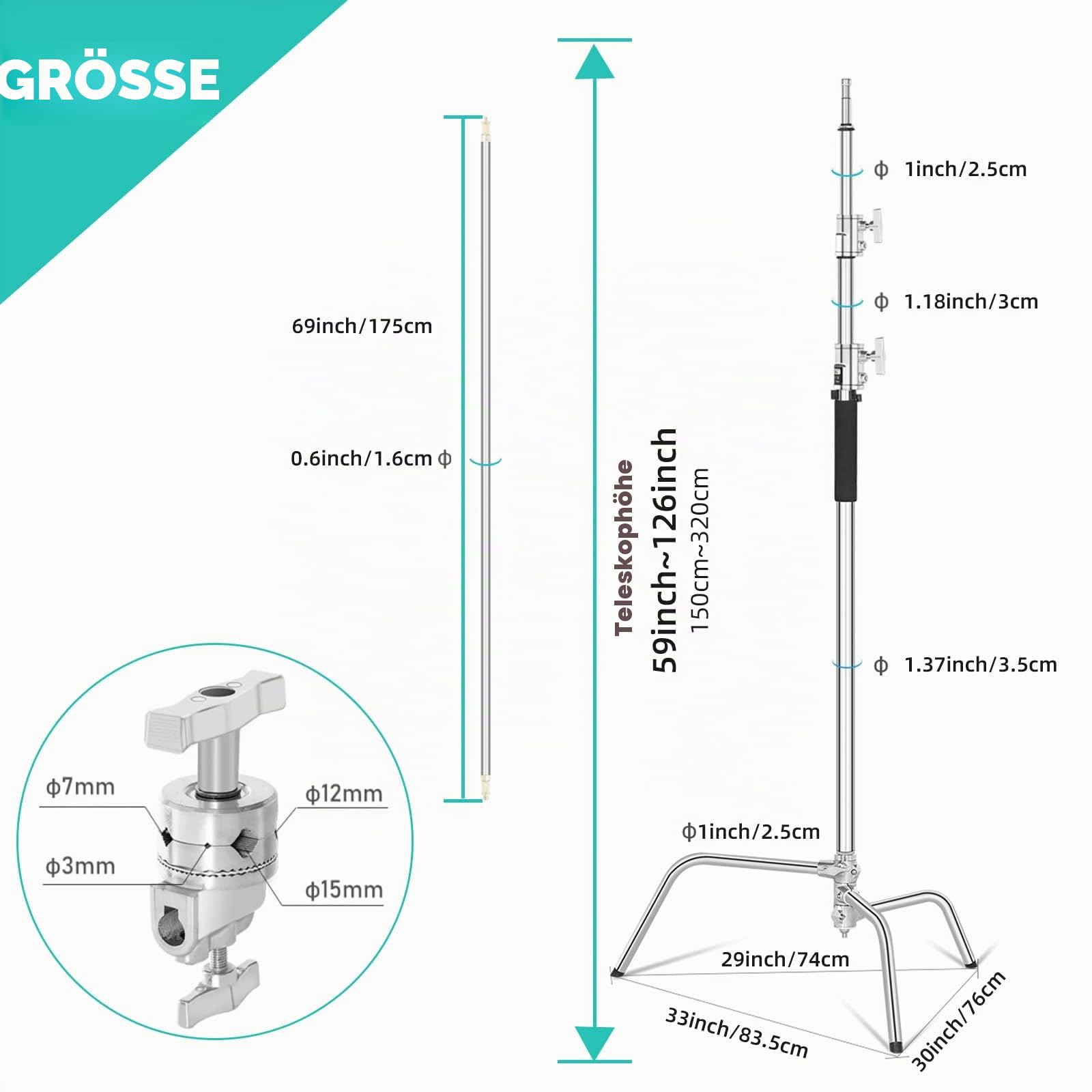 C Stand 100% Edelstahl Heavy Duty mit Auslegerarm,Max Höhe 330cm Verstellbarer C Ständer Lampentständer mit 127cm Haltearm, 2 Griffköpfe für Studio Monolight, Softbox, Reflektor