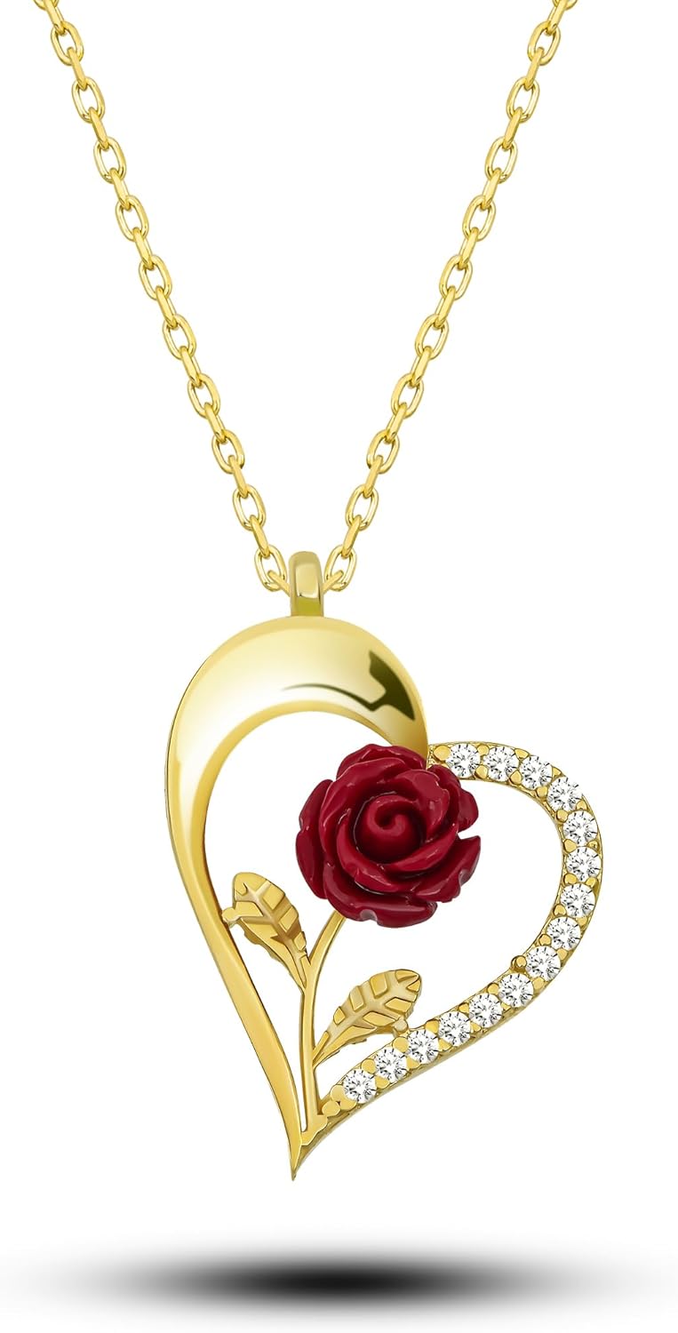 925 Sterling Gold Red Rose Heart Women's Silver Necklace