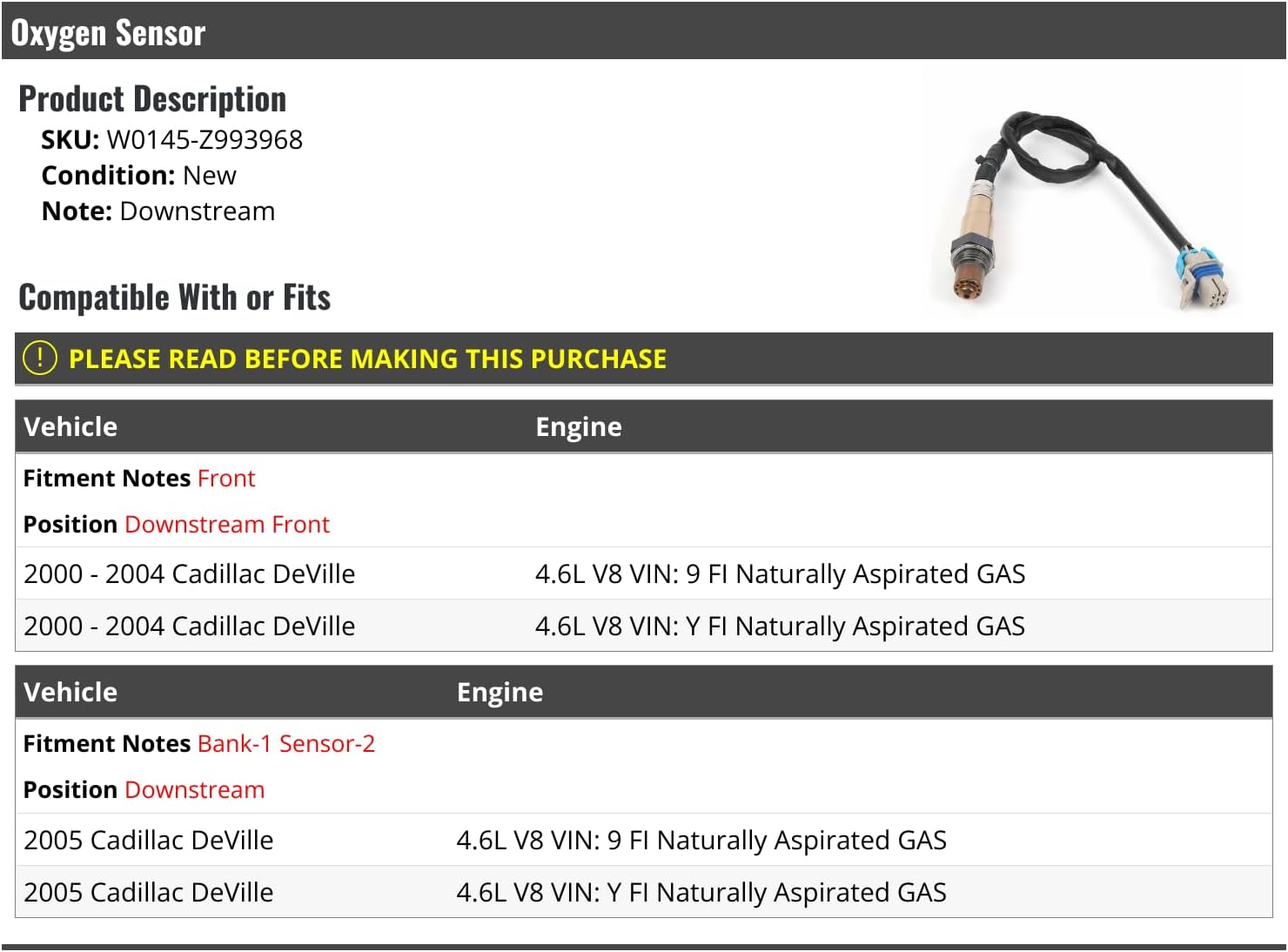 Downstream Oxygen Sensor - Compatible with 2000-2005 Cadillac DeVille