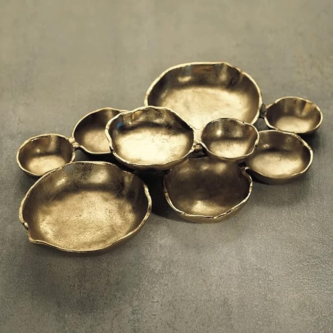 Zodax Cluster of 9 Round Serving Bowls, Dark Gold Finish, 19 in x 12 in x 2.5 in