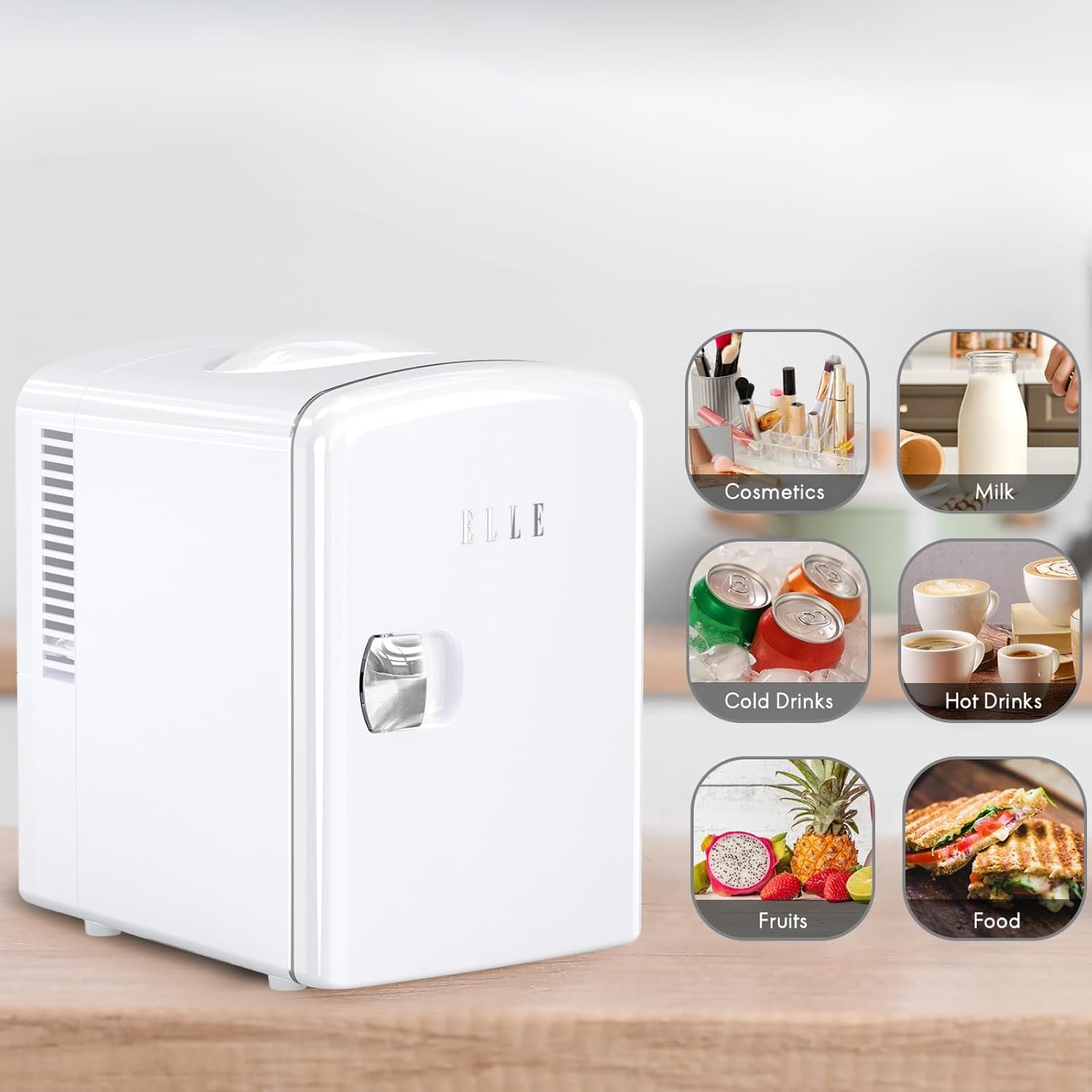 ELLE Multi Purpose 4L Mini Fridge Cooler and Warmer with Cool and Warm Function Removable Shelf Carrying Handle AC DC Power Options for Car Office Bedroom 6 Can Capacity White