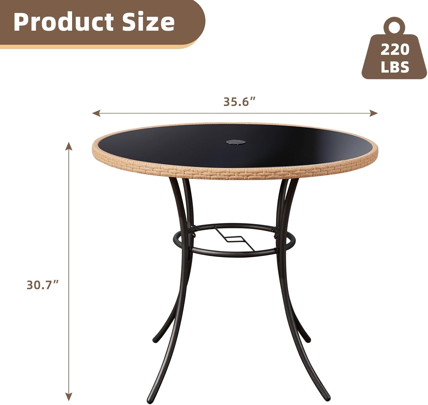 35.6" Round Patio Desk, Outdoor Wicker Dining Table with Umbrella Hole, Tempered Glass Top for 4-5 Persons, Bistro Rattan Furniture Garden Tables for Balcony, Backyard - Black Metal Steel Slat