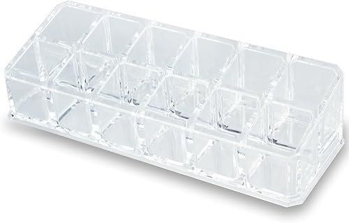 Estuche de maquillaje acrílico transparente y lápiz labial o soporte para brochas con 12 compartimentos