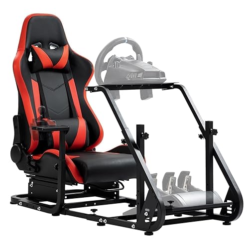 Hottoby Sim Driving Racing Cockpit with Red Seat Fit for LogitechThrustmasterFanatec G920,G923,G29,G25&T80,Mountable Monitor Stand, Double Arm