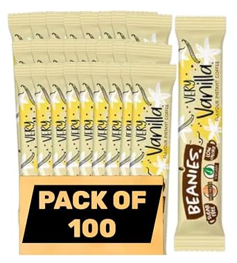 Beanies Very Vanilla Flavoured Instant Coffee Sticks Pack of 100 Single Serve Sachets Smooth Vanilla Flavour