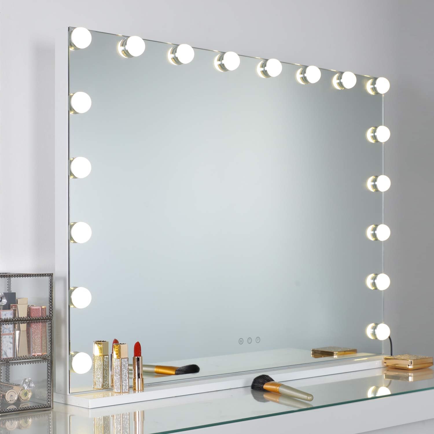WAYKINGLighted Vanity Mirror Large Hollywood Makeup Mirror with Touch Sensor, 3 Lighting Modes, USB Charging Port, Tabletop or Wall Mounted Mirror with 18 Built-in LED Bulbs, White(L31.4 X H23.6)