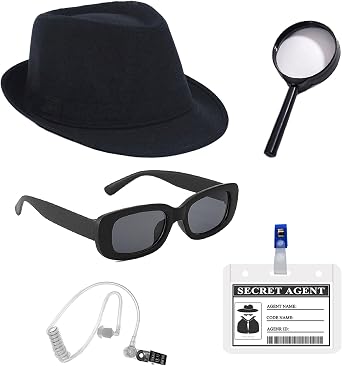 5 Pcs Detective Costume Set Secret Agent Cosplay Outfit Accessories Kit Includes Detective Hat Sunglasses Earpiece Magnifying Glass