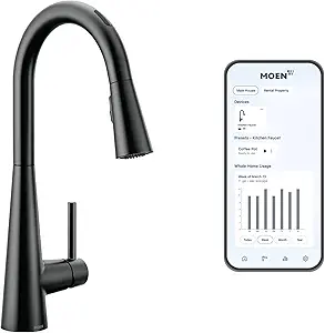 Moen Sleek Matte Black Smart Faucet Touchless Pull Down Sprayer Kitchen Faucet with Voice Control and Power Boost, 7864EVBL