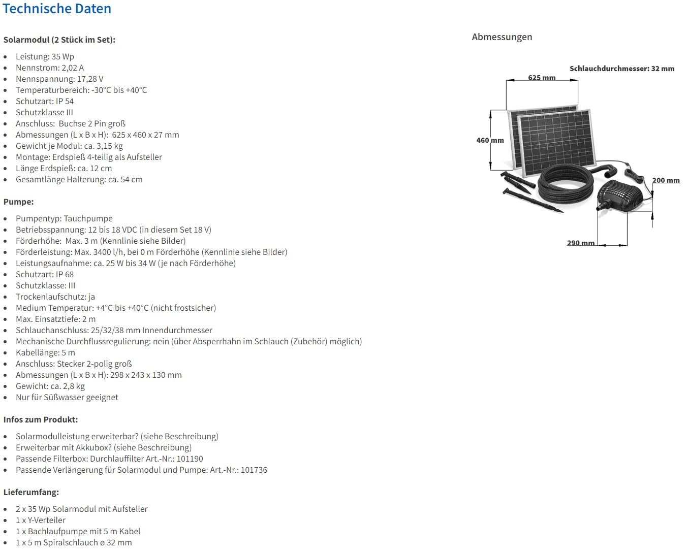 Esotec Solar Bachlaufpumpe 3400 l/h mit 2x35W Solarmodul – Wasserfall Pumpe für Gartenteich, Bachlauf & Quellstein – Direktbetrieb 101966