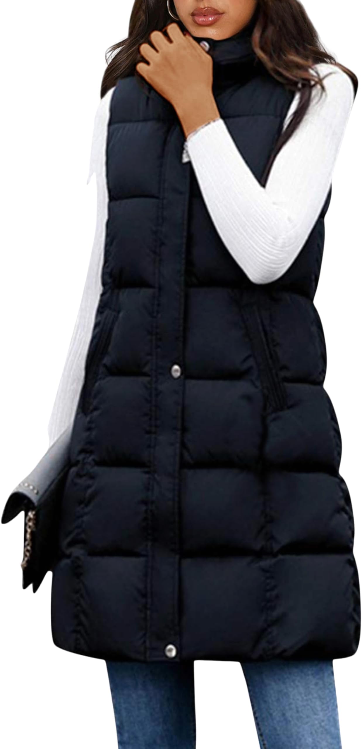 Women's Long Puffer Vest Casual Sleeveless Puffy Jacket with Removable Hood
