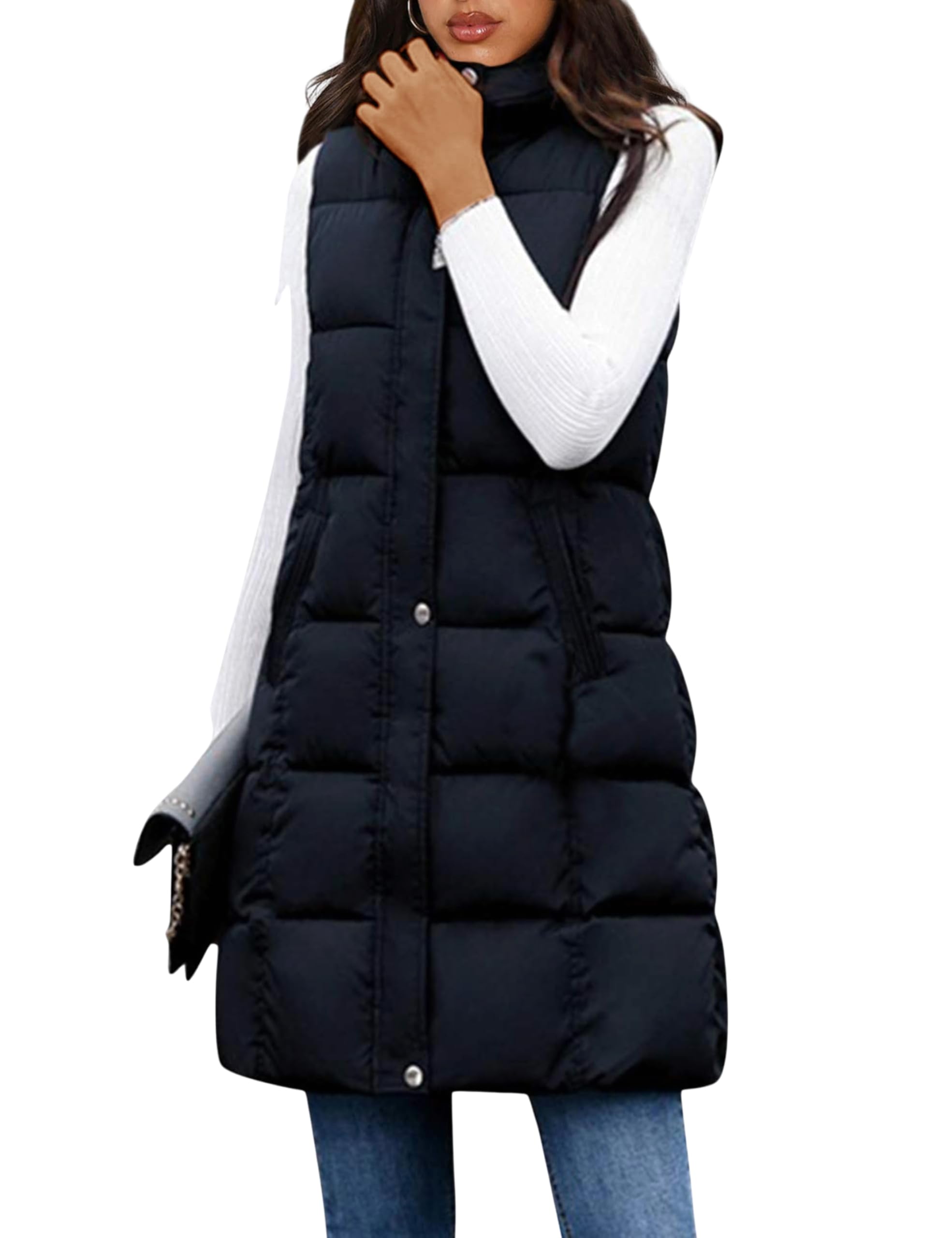 Women's Long Puffer Vest Casual Sleeveless Puffy Jacket with Removable Hood