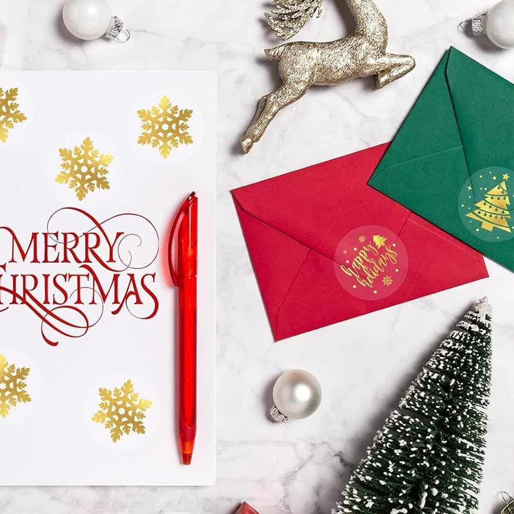 Christmas Stickers Roll 1in Waterproof Self-Adhesive Decals Gold Snowflake Xmas Holiday Winter Gift Tags Stickers for Gift Envelopes Invitations Cards Decorations-500 PCS