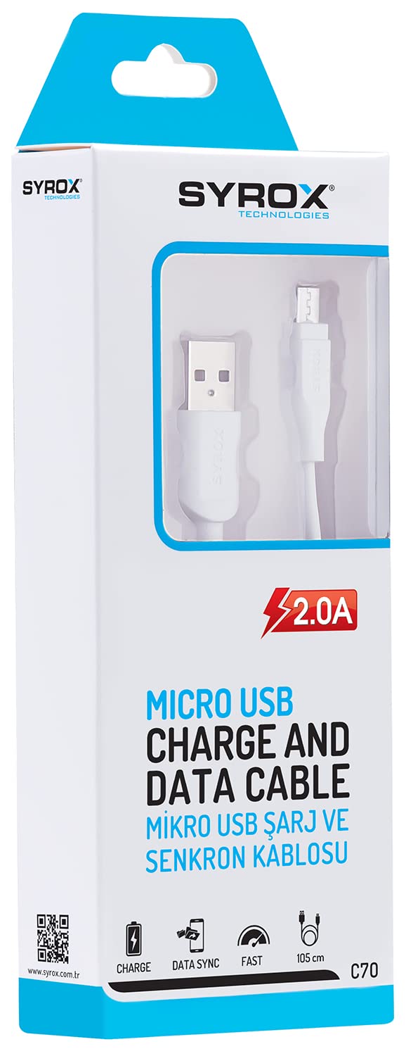 SYROX C70 2.0 MAH S6/S7 1.2 MT Mikro Kablo, Beyaz