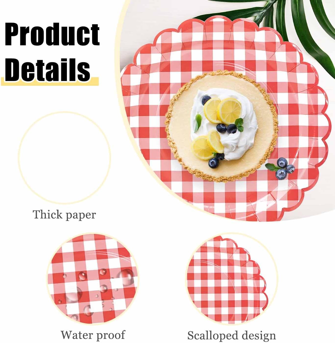 HEIPINIUYE 50 Pieces Red Gingham Paper Plates 7 Inch Red and White Scalloped Plates Disposable Dinner Plate for Wedding Baby Shower Birthday Party Checkered Dessert Plate image 4