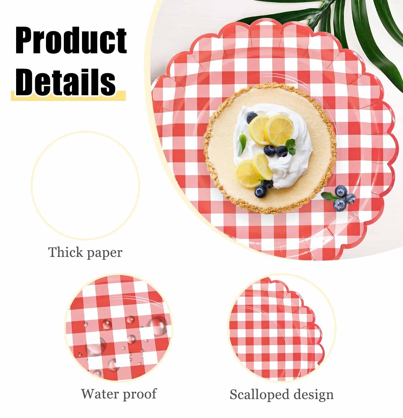 HEIPINIUYE 50 Stück rote Gingham-Pappteller, 17,8 cm, rot und weiß, gewellt, Einweg-Teller für Hochzeit, Babyparty, Geburtstagsparty, karierter Dessertteller