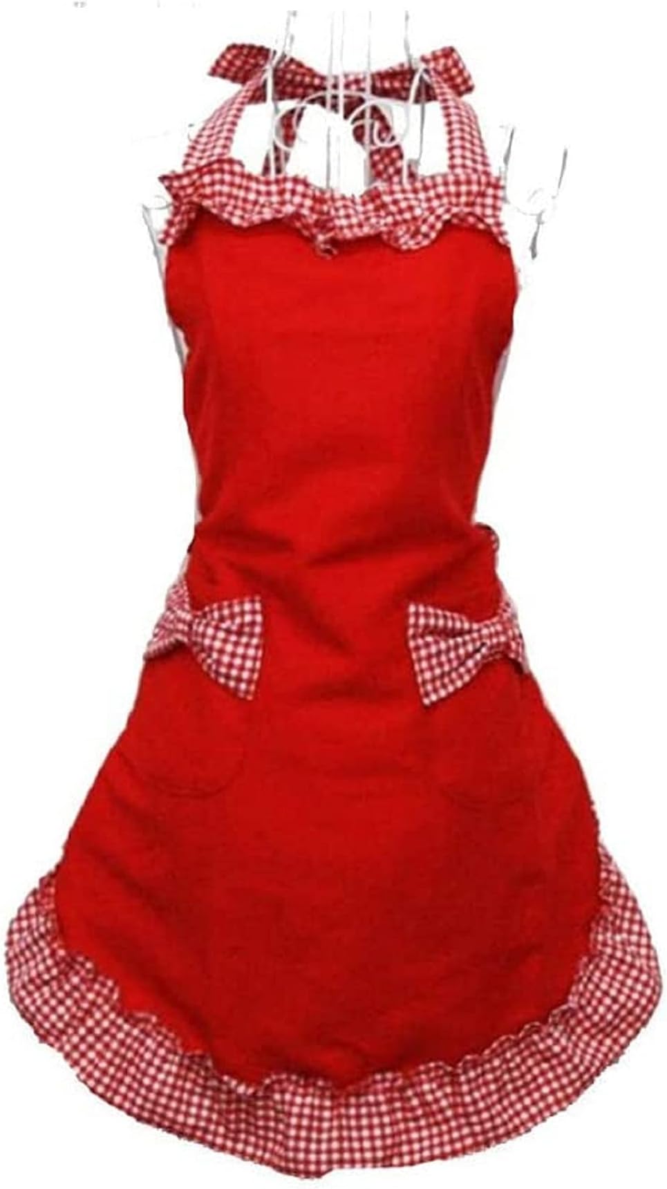 Miya® Cute Princess Red Kitchen Apron BBQ Apron with Red & White Checked Pattern Checked Bow and Cotton Pockets Cute Gift for Mother, Wife, Girlfriend, Daughter, Sister etc.