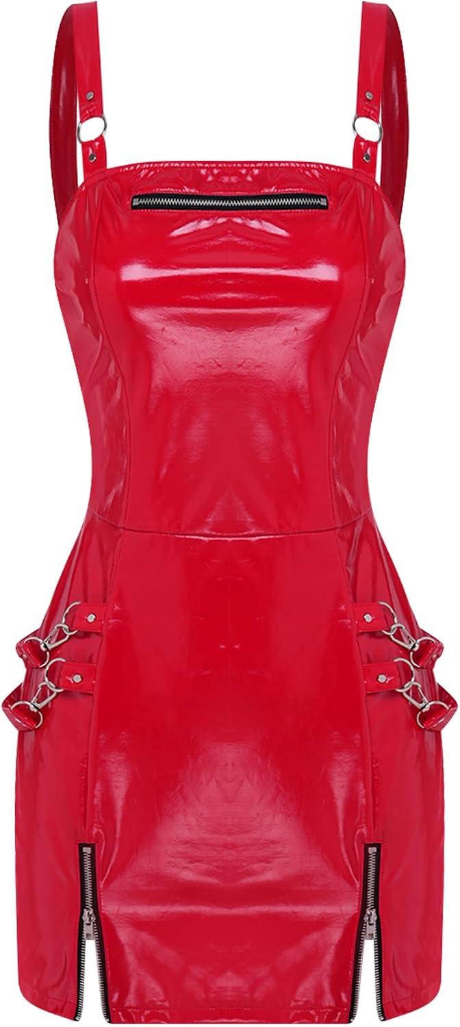 Kaerm Lingerie for Women Low-Cut Bodycon Dress Party Club Dresses Latex Leather Sleeveless Slim Fit Nightdress