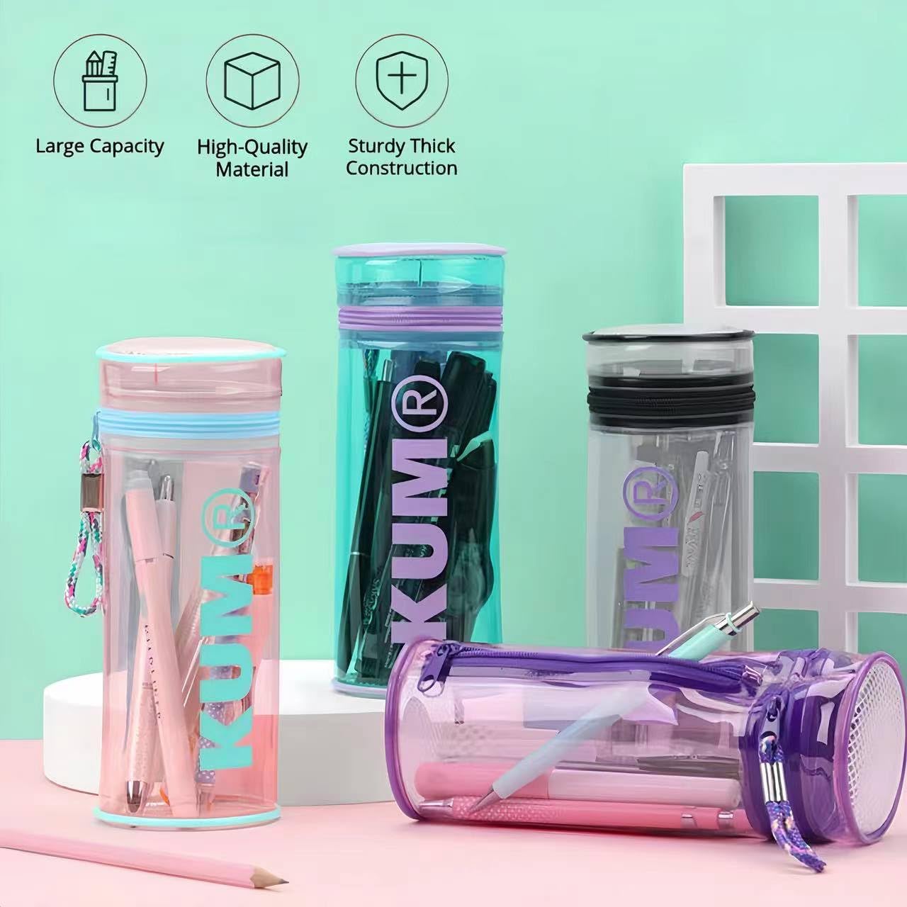 Transparent Laser Zipper Pen Holder for Desk Cute Office Supplies Cubicle Decor Workspace Accessories Makeup Organizer for Women Girls Pencil Cup Aesthetic Caddy for Home Office (Pink)