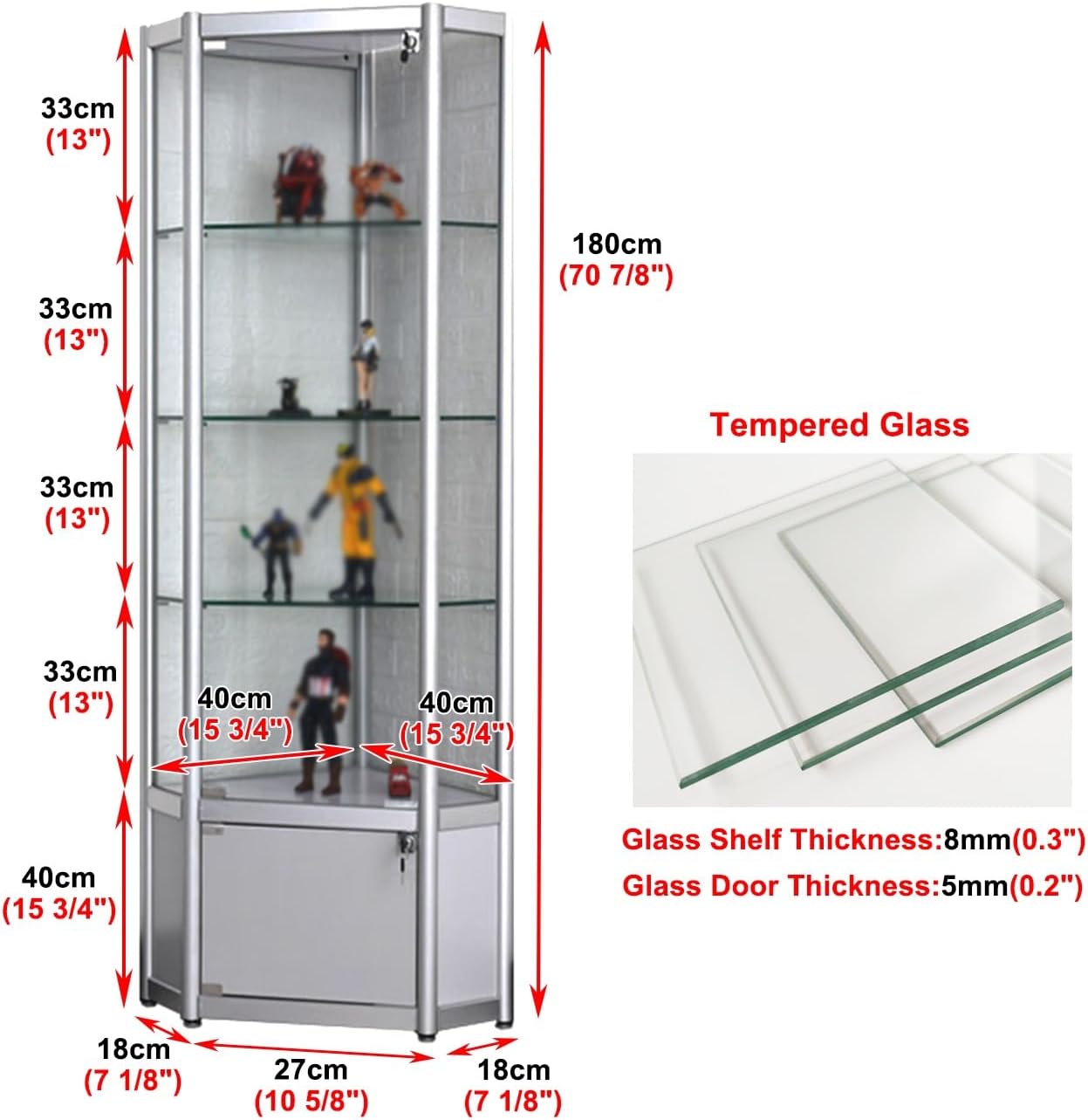 Display Cabinet,Heavy Duty Glass Display Cabinet for Living Room, Tempered Glass Corner Display Cases for Collectibles, 4 Tier Locking Liquor Cabinet Adjustable(Silver,180x4