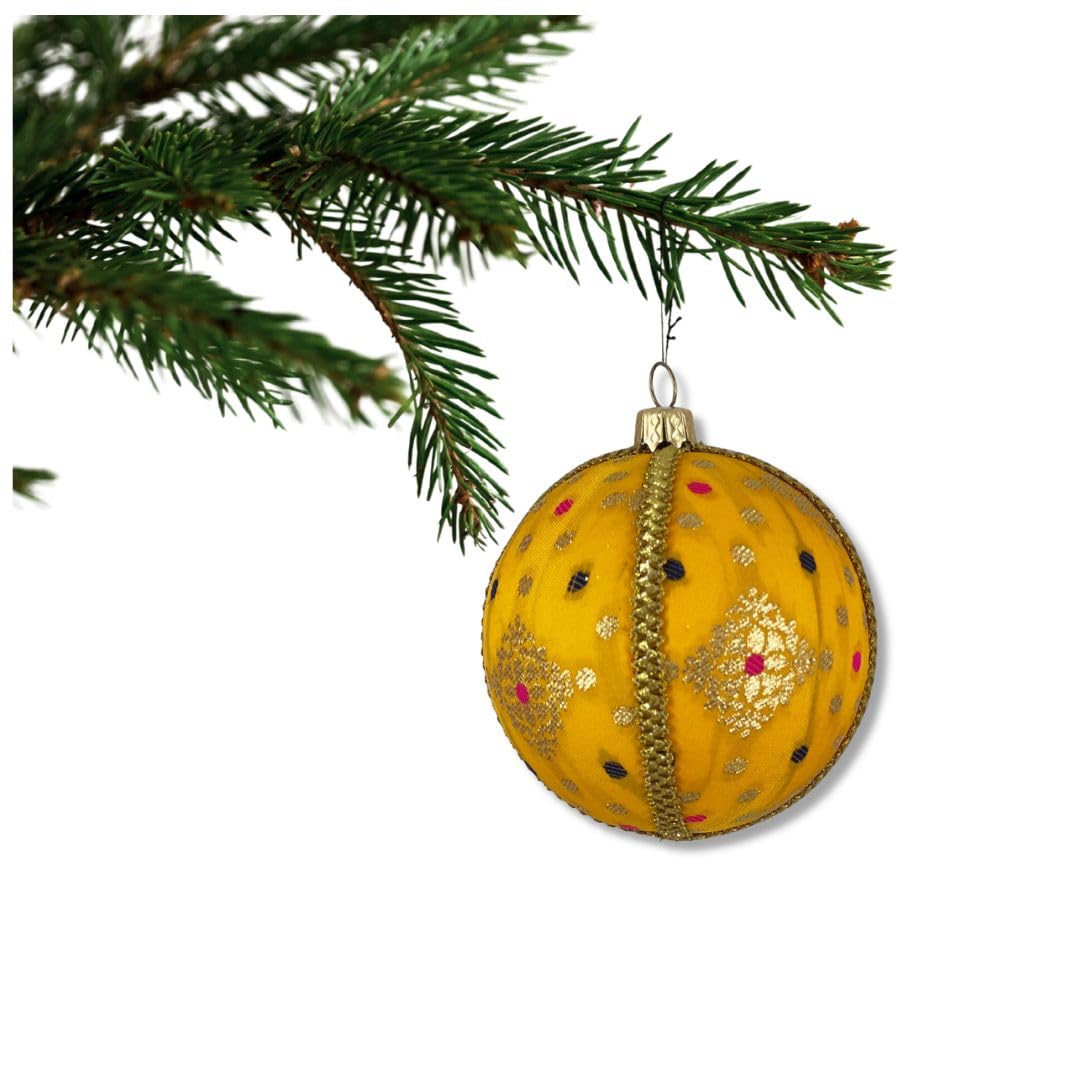 Raunak Bauble – 8 cm | Handmade Yellow Fabric Ornament with Gold & Pink Detailing | Luxury Sustainable Décor for Stylish Homes, Weddings & Events