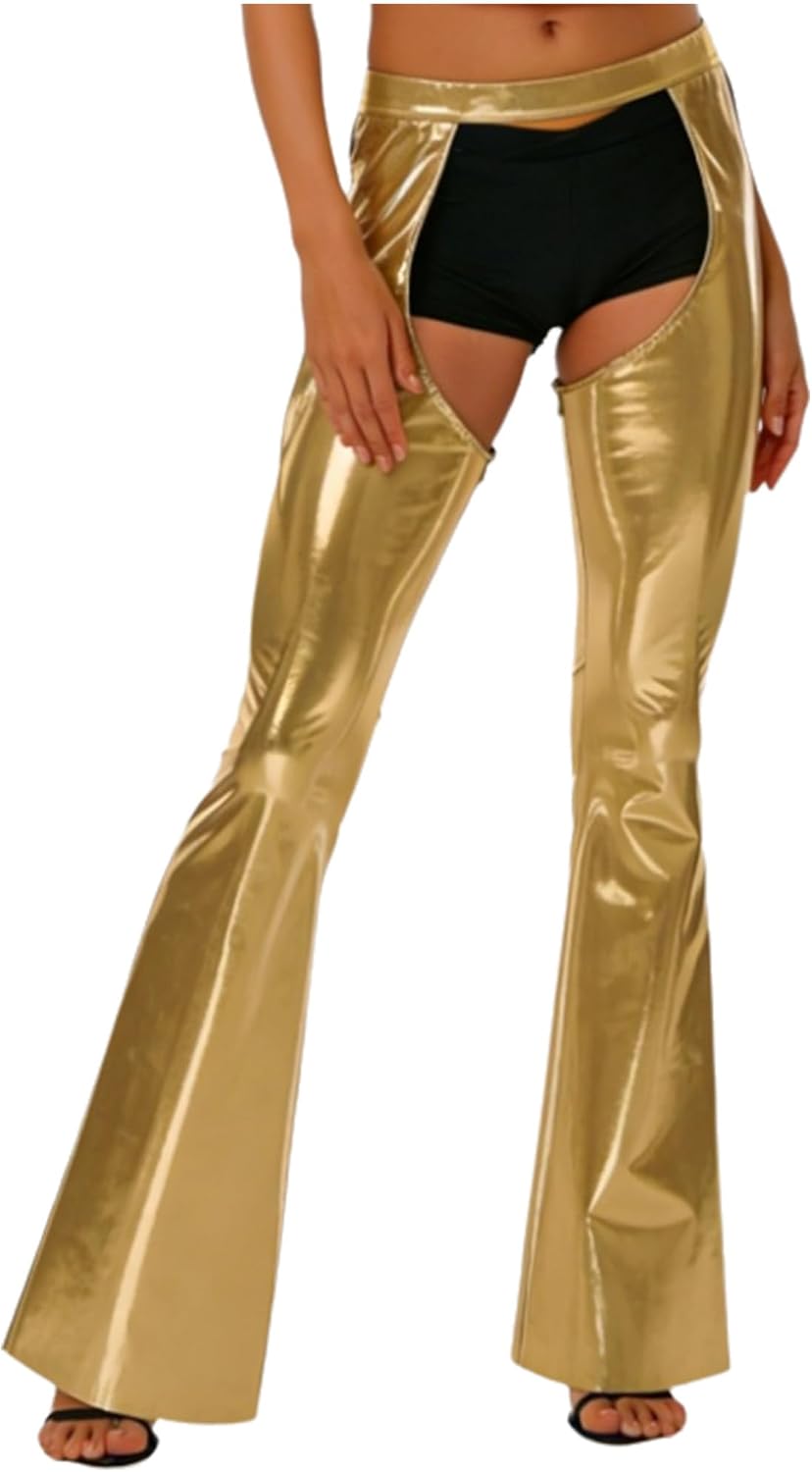 Women High Waist Metallic Shiny Flared Leggings Hollowing Out 60s 70s Disco Outfits Skinny Overpants