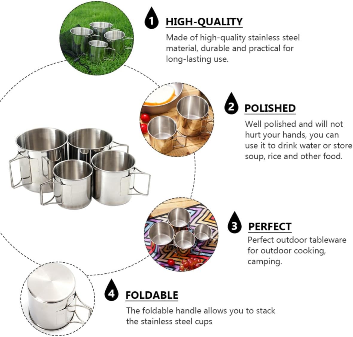 VILLCASE 4pcs Stainless Steel Camping Mug Cups with Mesh Bag, Folding Drinking Cups Set, Sturdy Rust-resistant Material, Portable for Camping and Outdoor Use, Capacities
