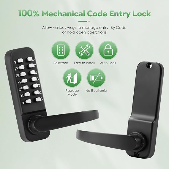Single-Sided Mechanical Keyless Keypad Door Lock with Handle,Combination Push Button Code Front Entry Door Lever Set,Auto-Locking,Interior Hold-Opening,for Garage,No Electronic(Matte Black)