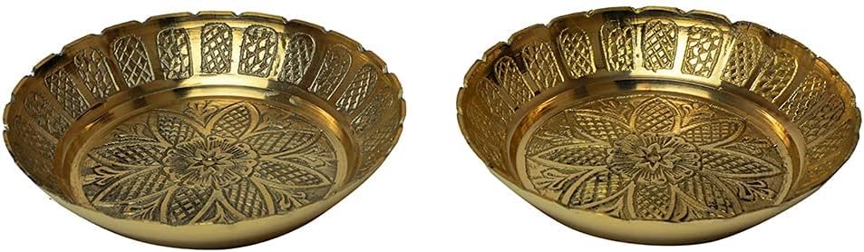 Set of 2 Nakshi Plates Decorative Brass Indian Traditional Festival Laxmi Poojan New Year Decorations Prasad Plate Katori for Pooja Pooja Utensils Item Articles Size 4 Inch Diameter Patra Katori
