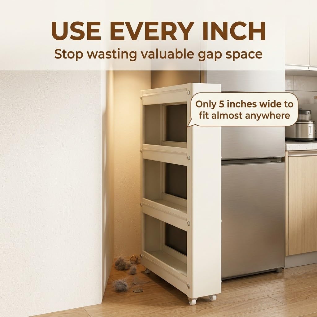 Carrello Stretto 4 Ripiani, Scaffale Salvaspazio per Cucina e Bagno