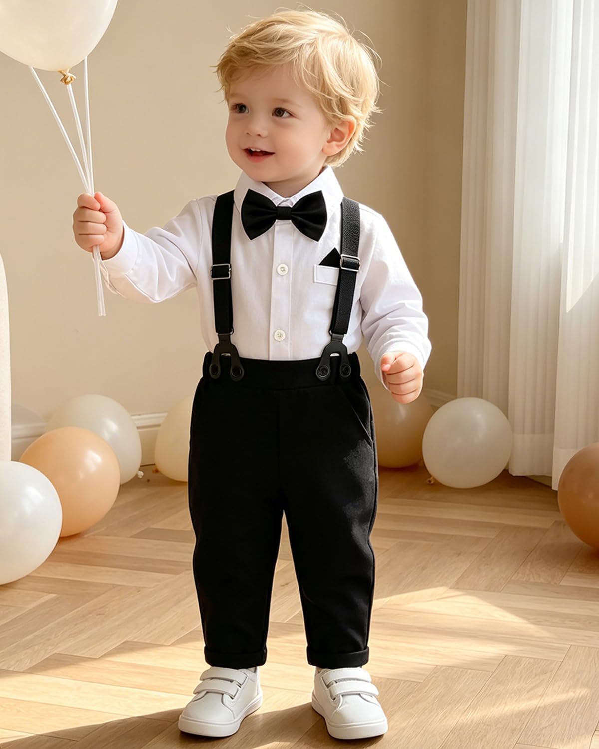 SALNIER Baby Boy 5PCS Formal Outfit Soft Cotton Romper Suspender Pants Bowtie Beret Hat Infant Wedding Birthday Party Suit
