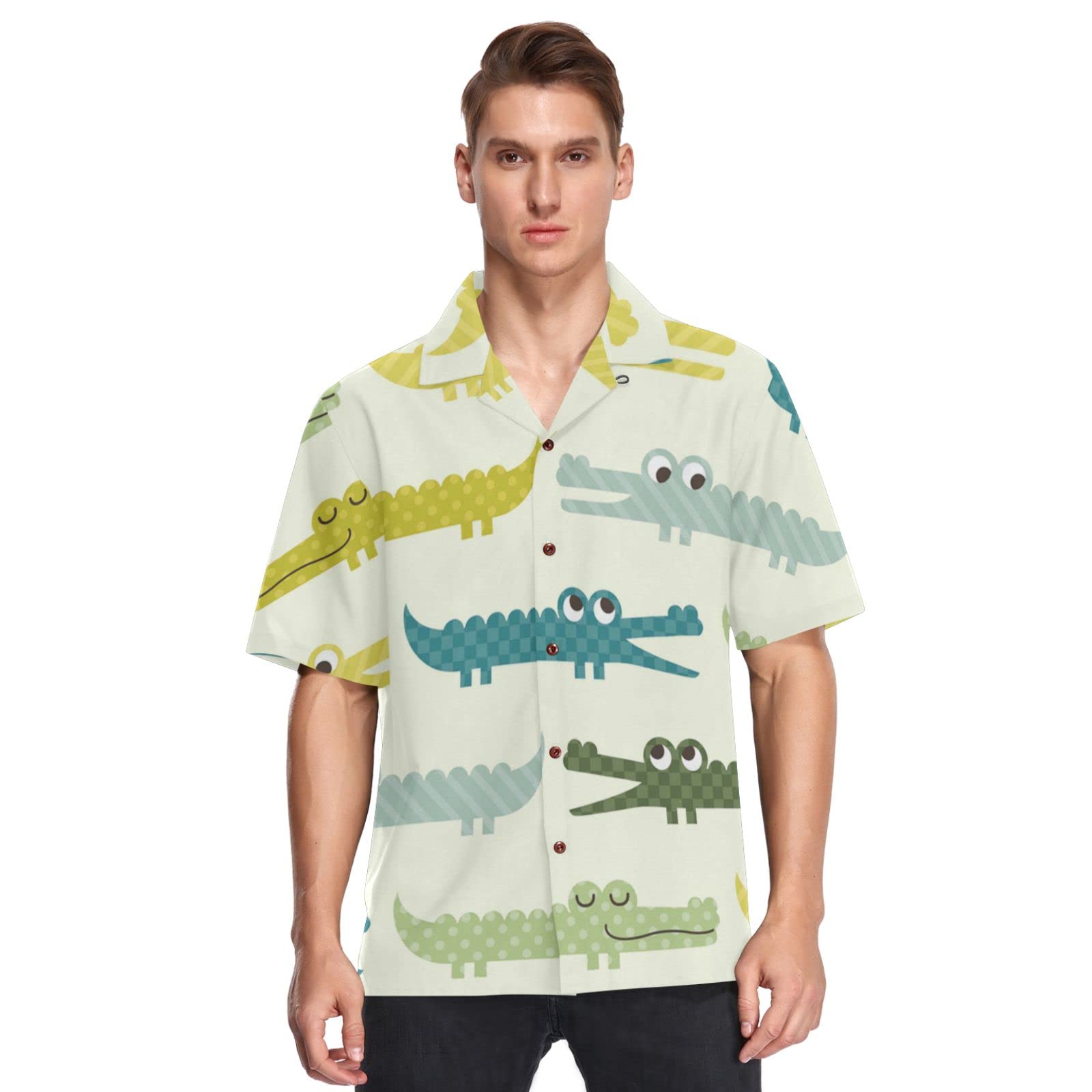 Linomo Men's Multicoloured Hawaiian Shirts For Cute Animal Crocodile Cartoon Beach Shirts Summer Shirts Button Down Short Sleeve Shortsleeve