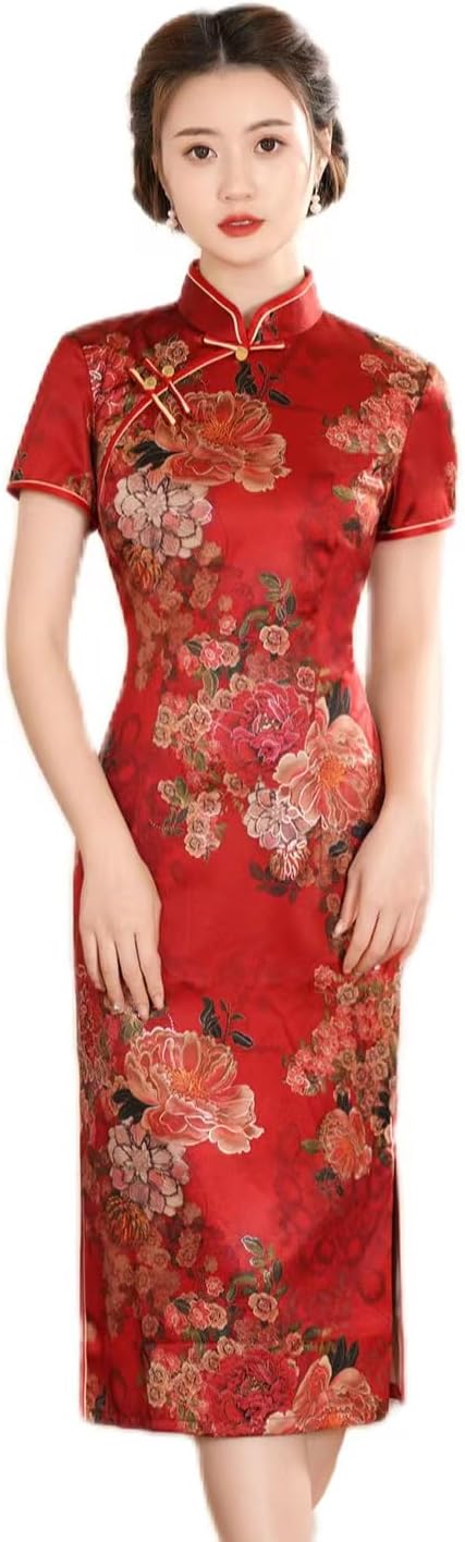 HEARTTOUCH Women's Short Sleeve Qipao Chinese Style Cheongsam Frog Buttons Bodycon Party Cocktail Dress Midi Dress Elegant