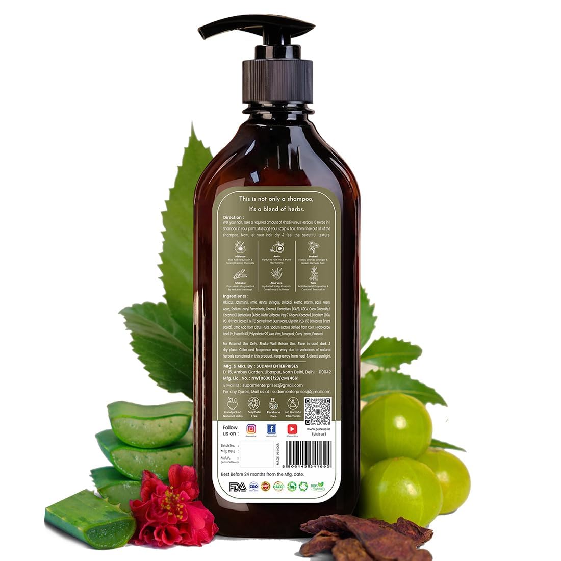 P.u.r.e.u.s Herbals Shreekesha Hair Growth Shampoo, 10 Herbs in 1, Hibiscus, Jatamansi & Henna, Sulfate & Paraben Free, 11.83 fl. oz.