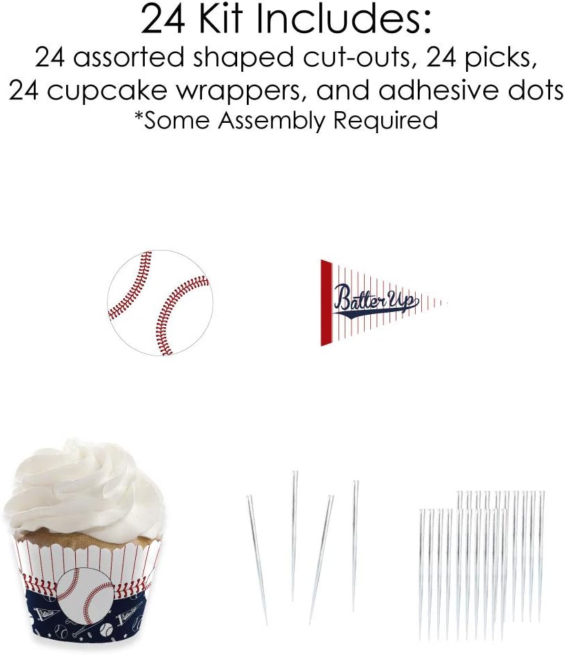 Big Dot of Happiness Batter Up - Baseball - Cupcake Decoration - Baby Shower or Birthday Party Wrappers and Treat Picks Kit - Set of 24