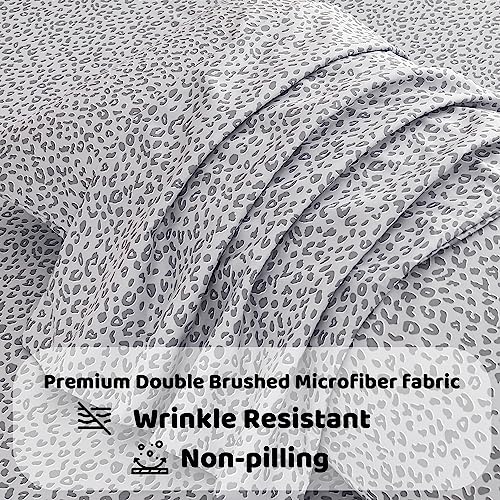 Image of Mooreeke Leopard Cheetah Printed King Bed Sheets, Soft Microfiber Bedding Sheets & Pillowcases, Deep Pocket Non-Slip Fitted King Sheet, Silver Grey Animal Pattern Bedsheets