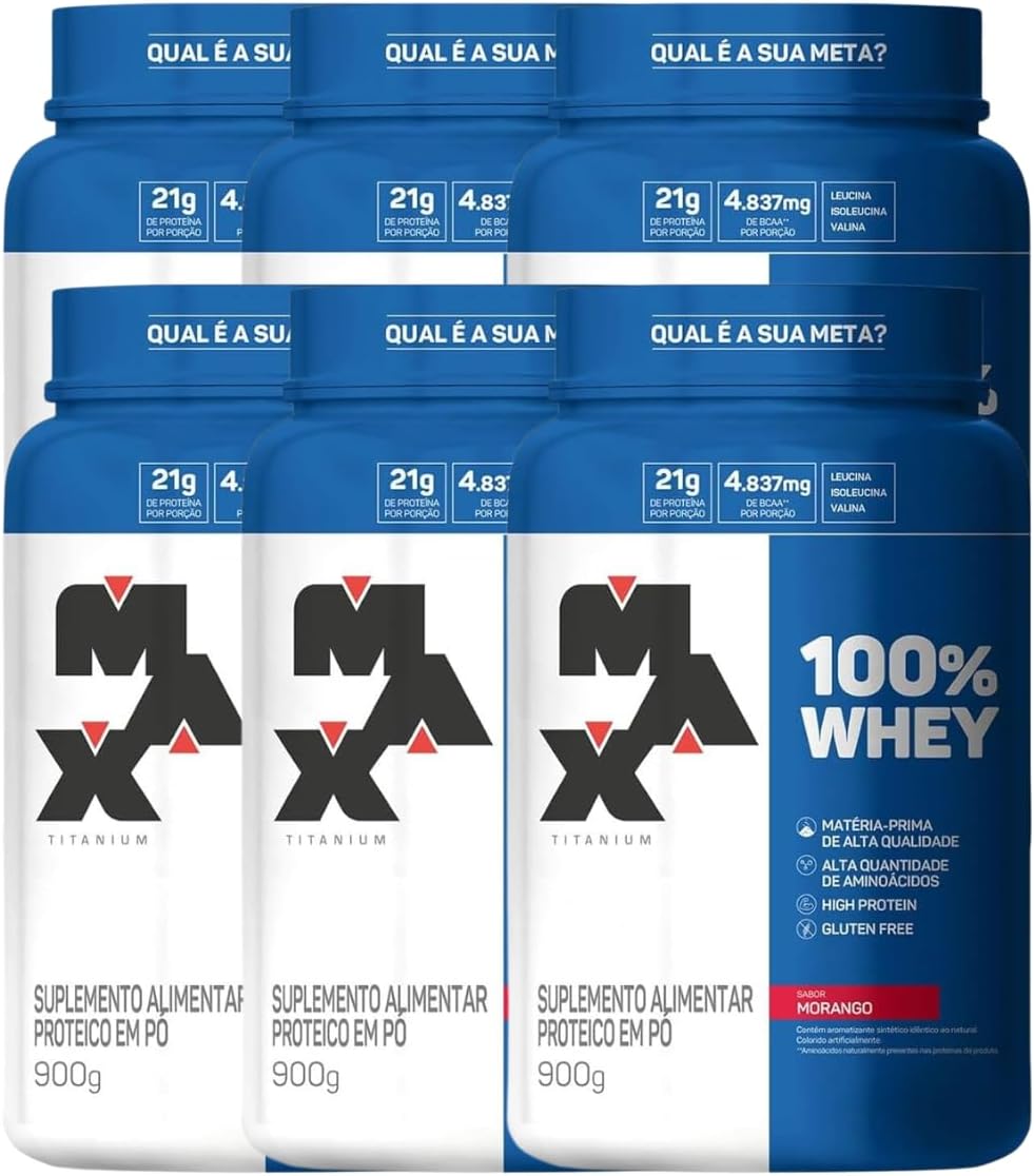 Kit 6 100% Whey Max Titanium Pote 900g Morango Suplemento