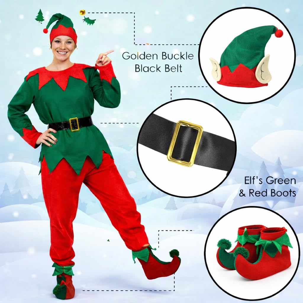 eBoutik, Novelty Adult Christmas Elf Costume Set, Green Top, Red Trousers, Hat with Ears, Belt, Deluxe Shoes - Image 4