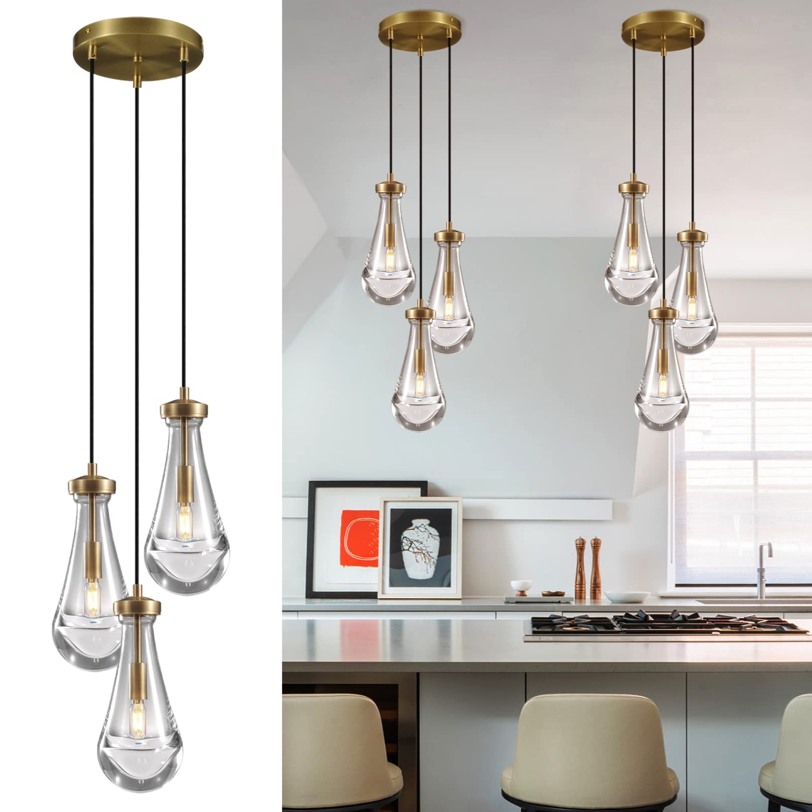 Photo 1 of Joyunleo 3 Light Pendant Light Dining Room, Dining Room Ceiling Pendant Light, Raindrop Brass Pendant Lights Kitchen Island, for Dining Room, Kitchen Island, Bedroom, Bathroom, Includes Bulb Brass-3-light-rope