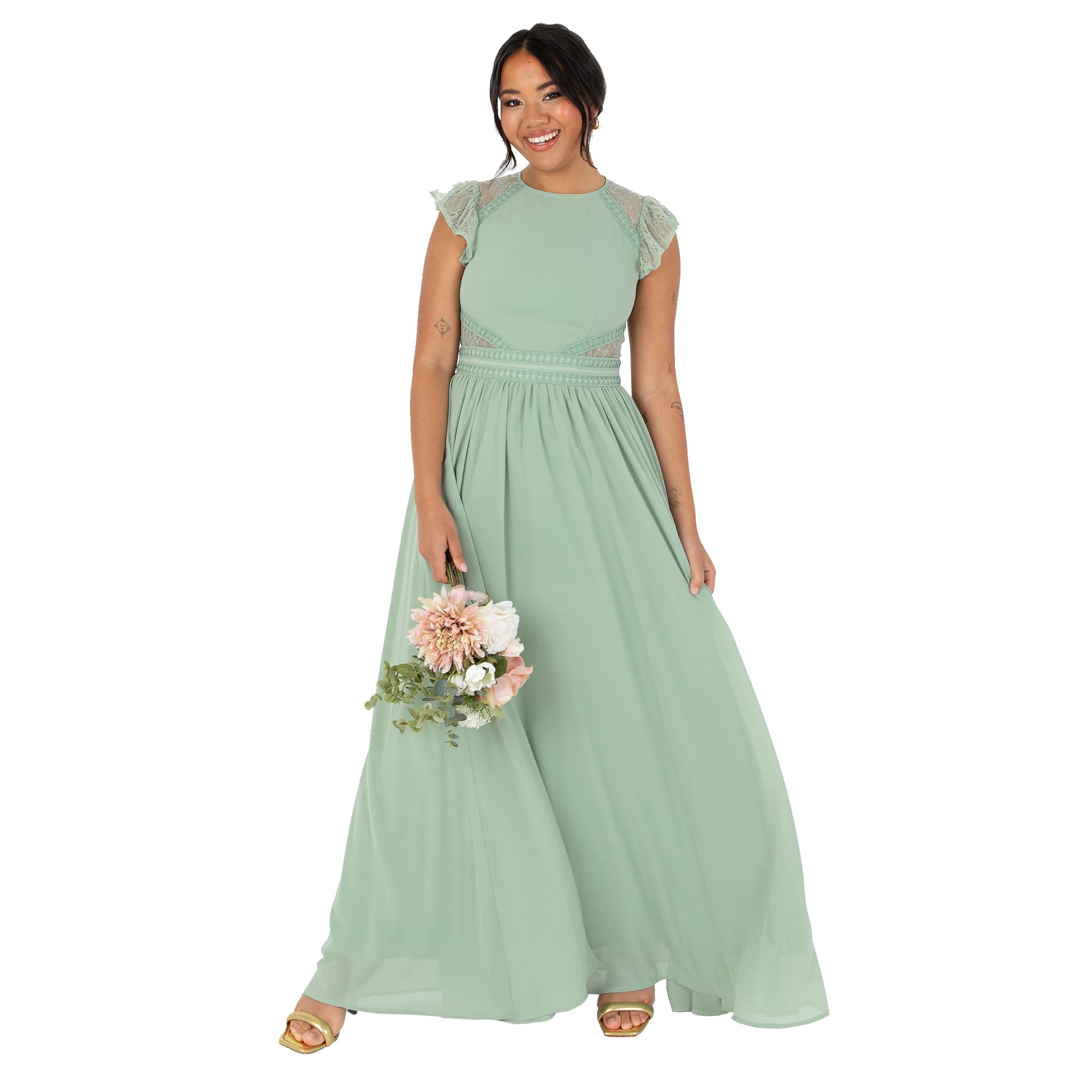 Maya Deluxe Women's Ladies Maxi Dress Crew Neckline Short Flutter Sleeve Lace Trim A-Line For Wedding Guest Evening Prom Ball Gown Vestido para Mujer